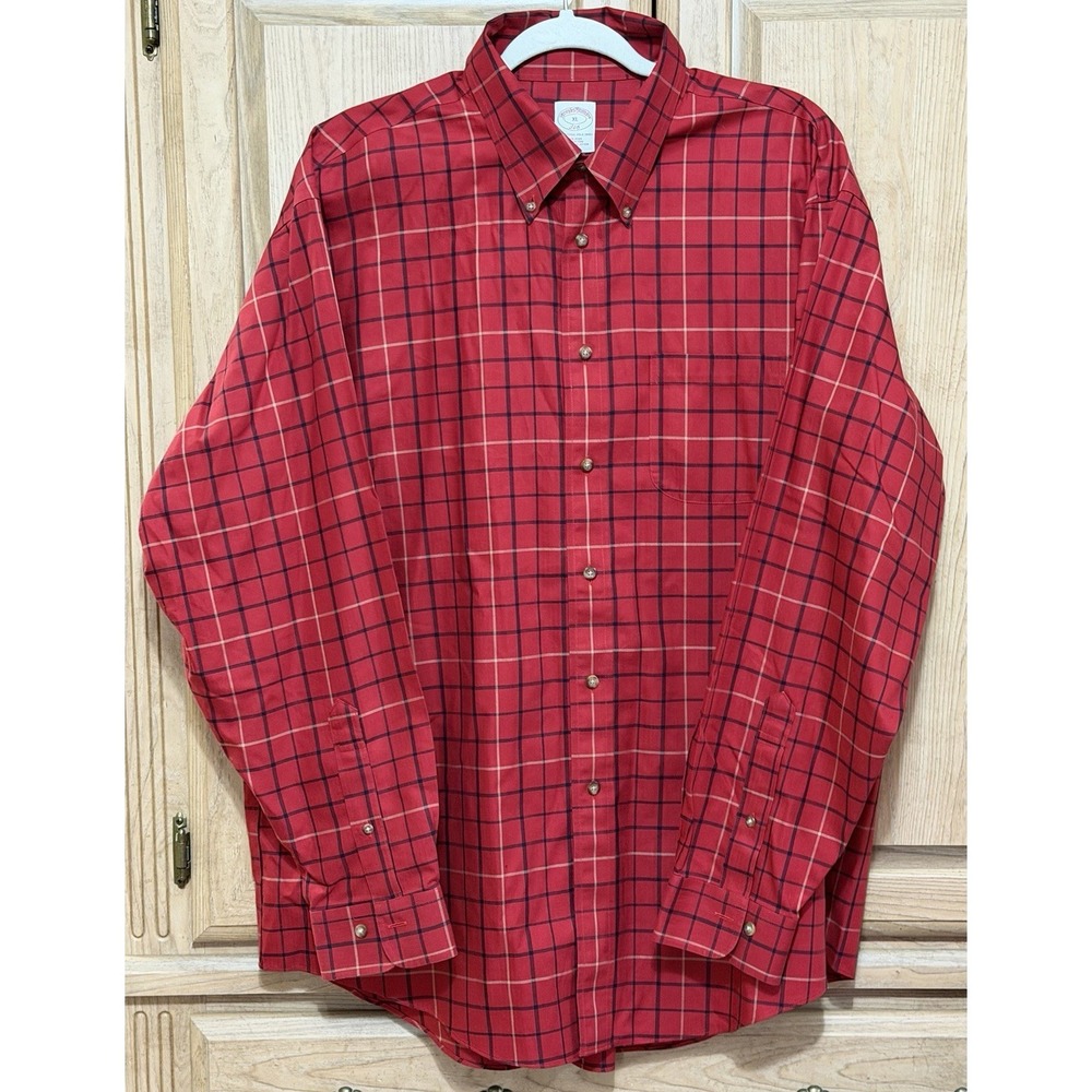 Brooks Brothers Dress Shirt Mens XL Red‎ Plaid Non-Iron Long Sleeve Button Down